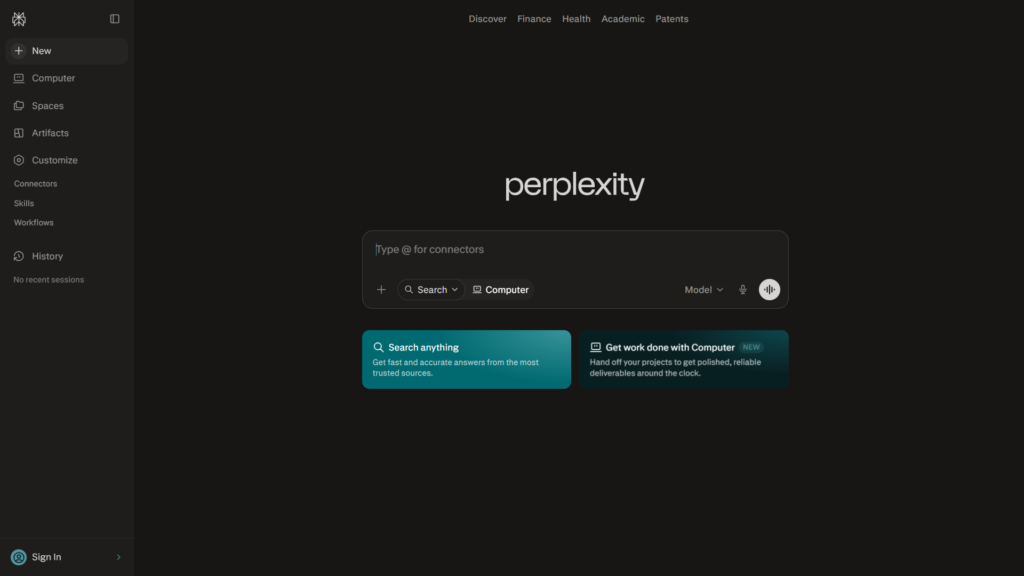 Perplexity AI homepage with no login required
