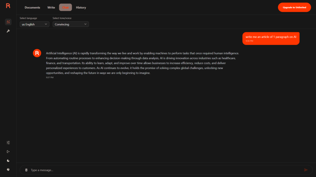 Rytr AI writer chat interface review