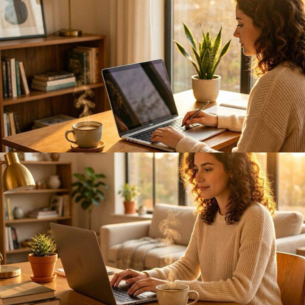 Two Bing Image Creator results generated from the same home-office prompt