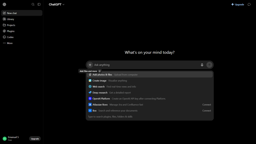ChatGPT free plan home screen showing the message box