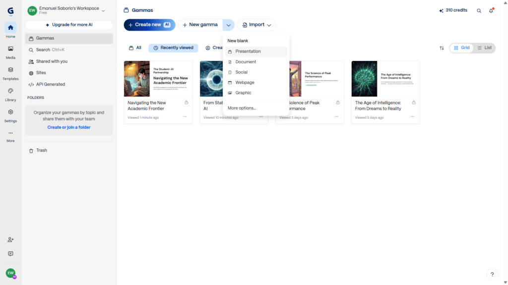 Gamma AI dashboard showing the Create New AI and New Gamma options