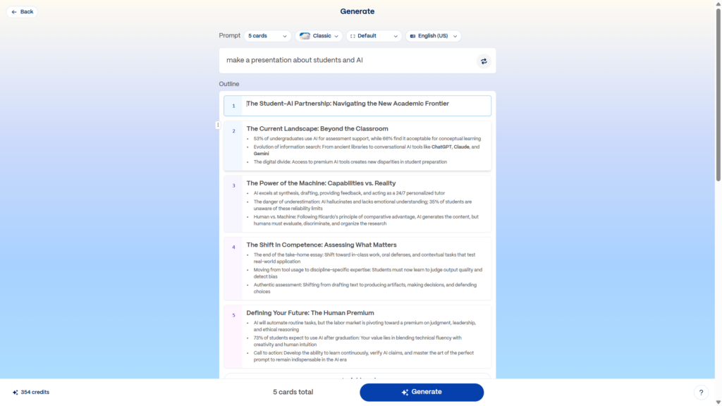 Gamma preview showing the outline for a student AI presentation
