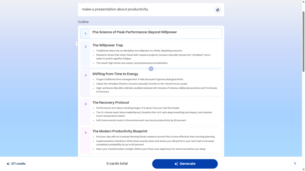 Gamma AI presentation preview for a productivity presentation