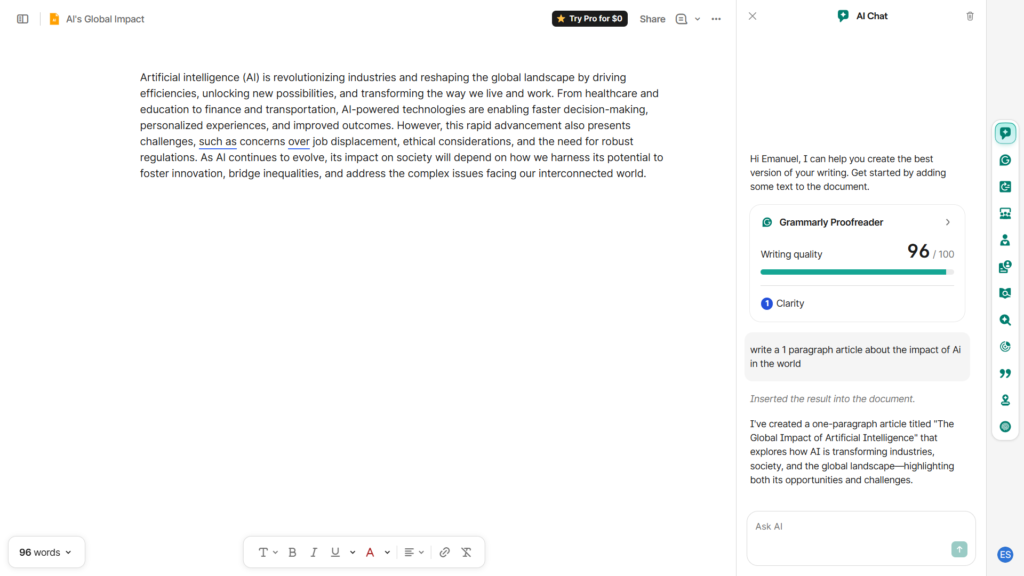 Grammarly AI writer result from the comparison test