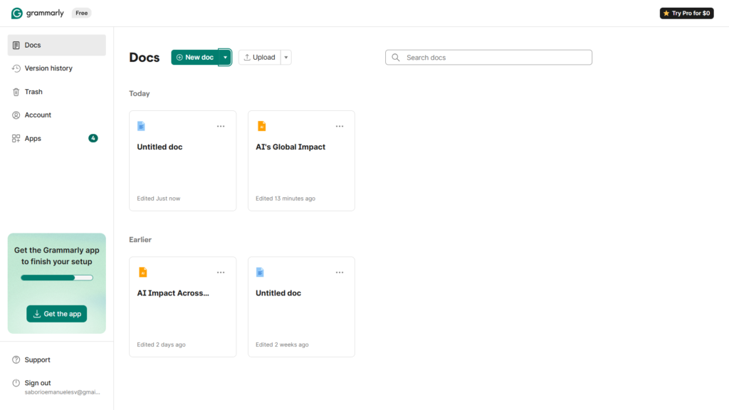 Grammarly dashboard and writing interface