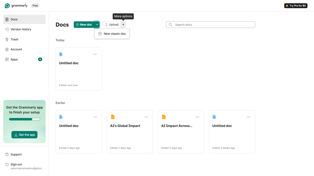 Grammarly Free dashboard showing the New Document and upload options