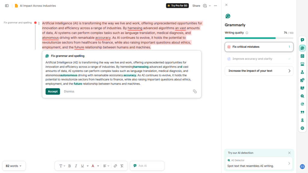 Grammarly Free highlighting grammar errors and correction suggestions in red