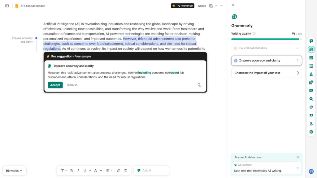 Grammarly Free showing a writing improvement suggestion in the editor