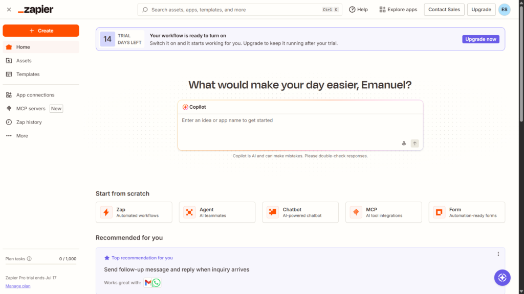 Zapier dashboard screenshot after first login for small business automation
ChatGPT chat interface showing a business writing prompt example