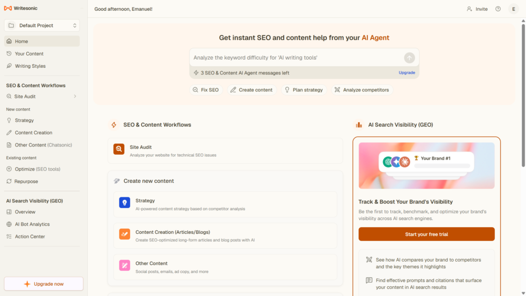 Writesonic dashboard interface after login