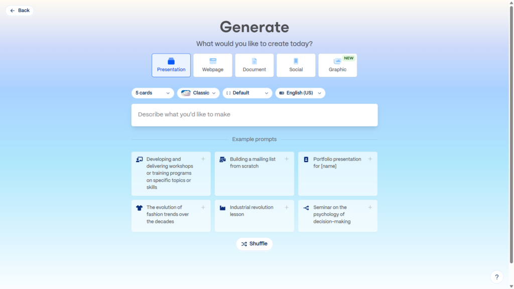 Gamma AI presentation maker prompt screen