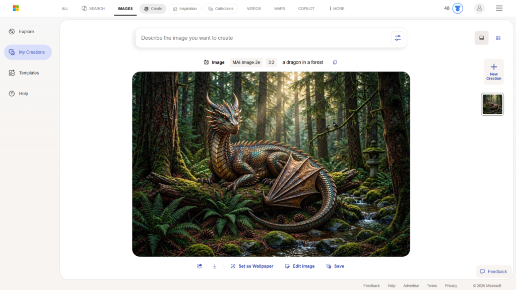 Dragon in a forest generated with a simple Bing Image Creator prompt