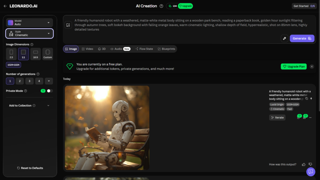 Detailed cinematic robot image generated with Leonardo.ai