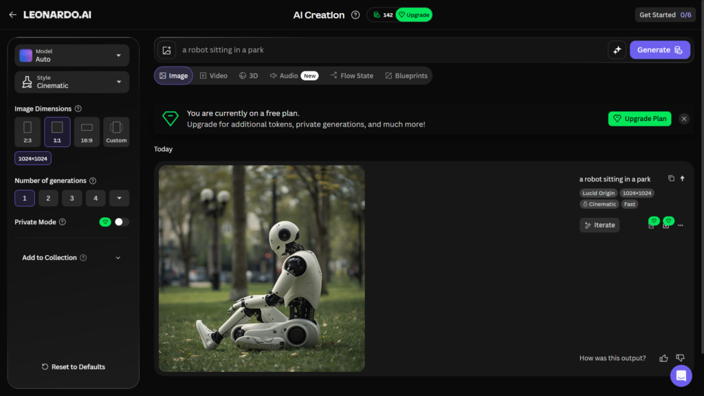 First Leonardo.ai test showing a robot sitting in a park