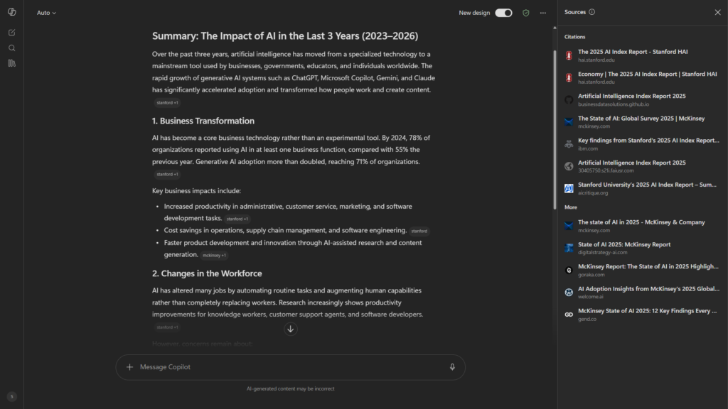 Microsoft Copilot AI summary showing cited sources on the right side