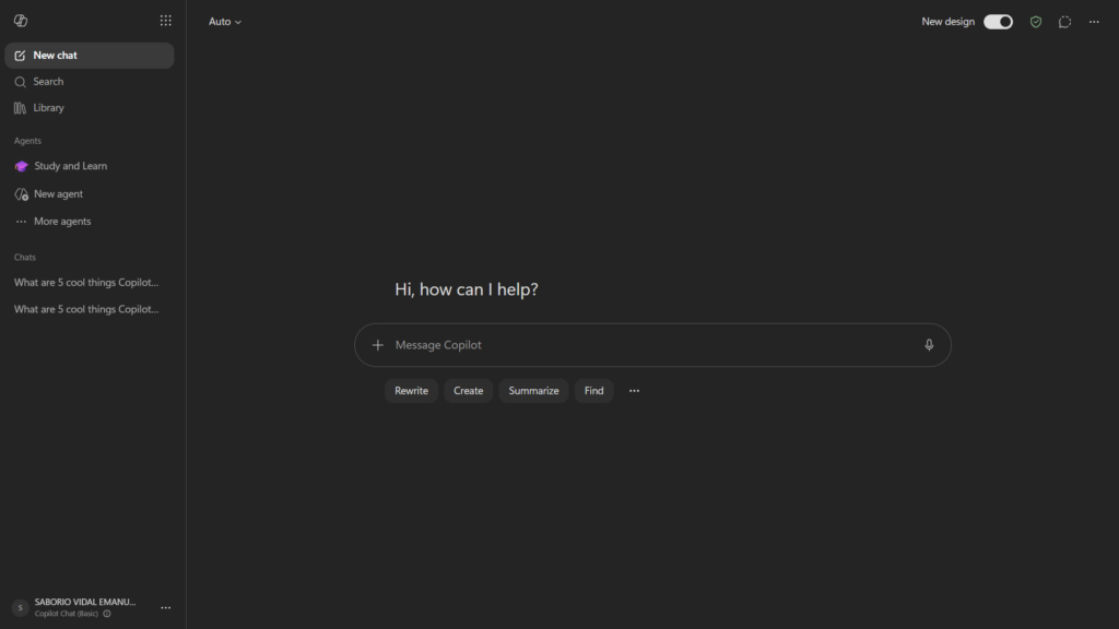 Microsoft Copilot dashboard showing the text prompt box after signing in