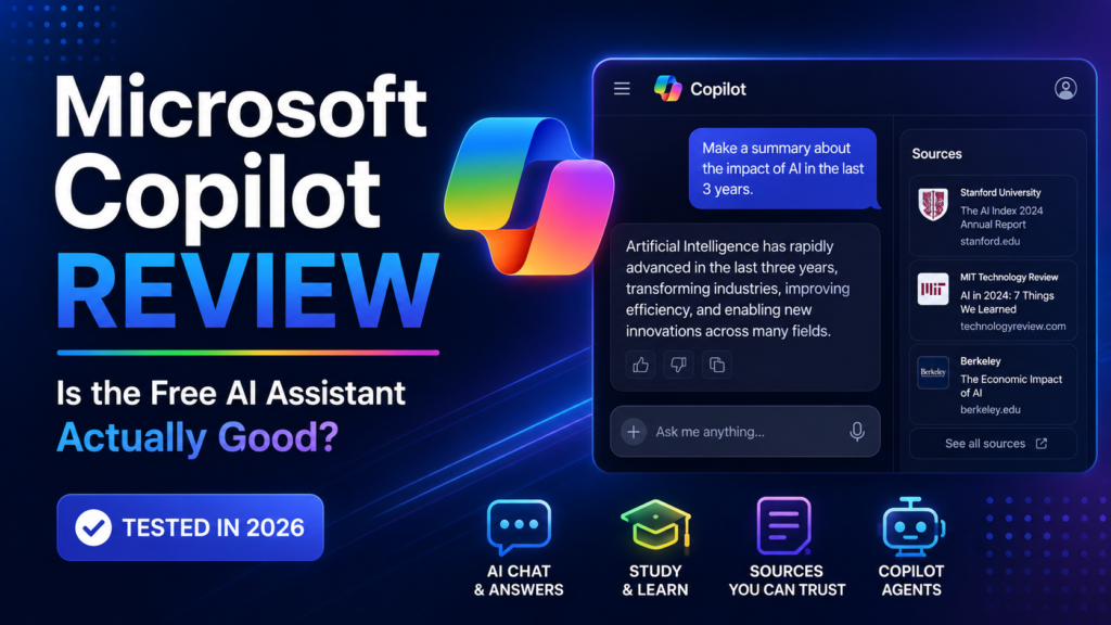 Microsoft Copilot review 2026 featuring the free AI assistant interface
