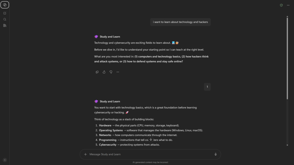Microsoft Copilot Study and Learn feature explaining technology and hackers