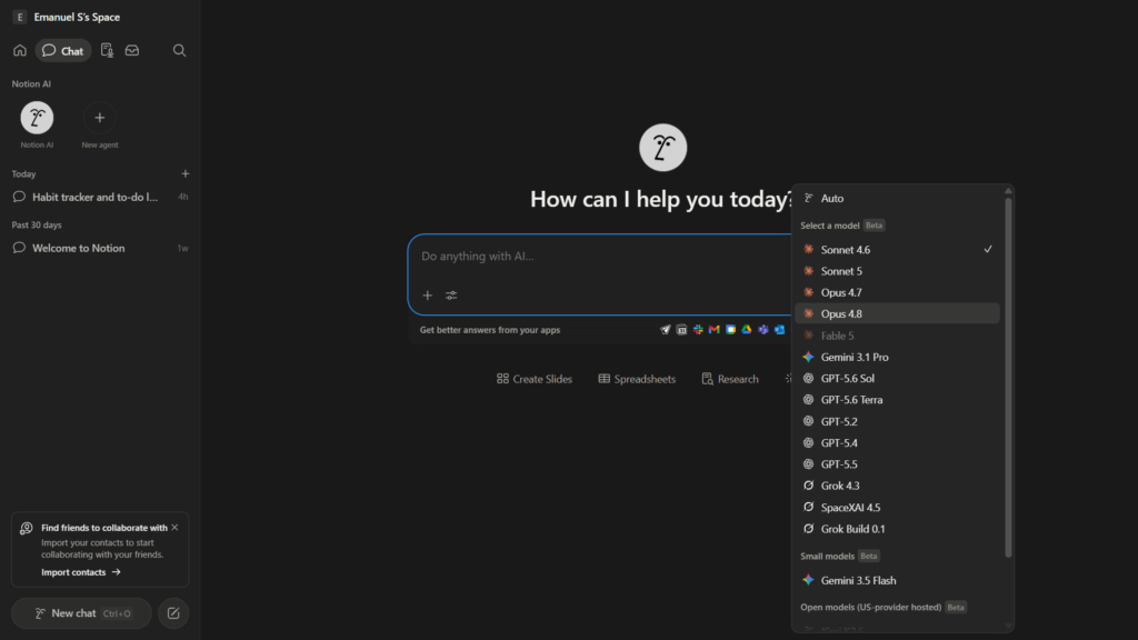 Notion AI dashboard showing available AI model options