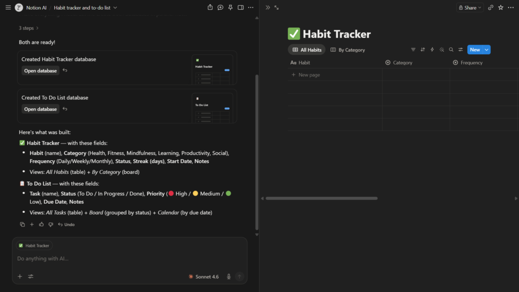 Habit tracker and to-do list created with Notion AI