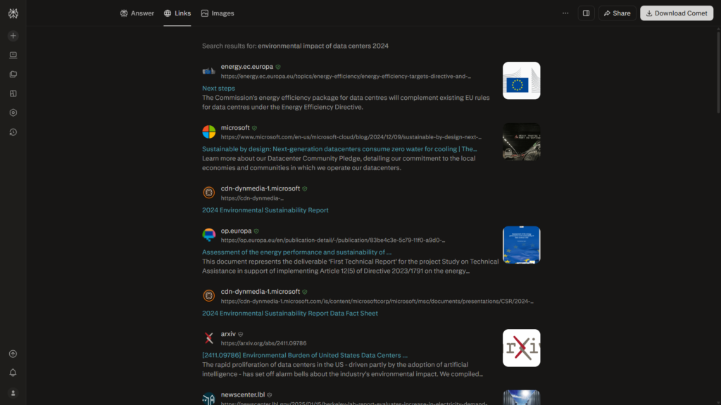 Perplexity AI Links page showing the sources used in a research answer
