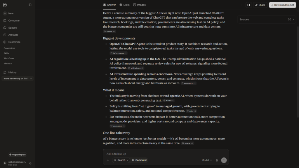 Perplexity AI result summarizing the biggest news in artificial intelligence