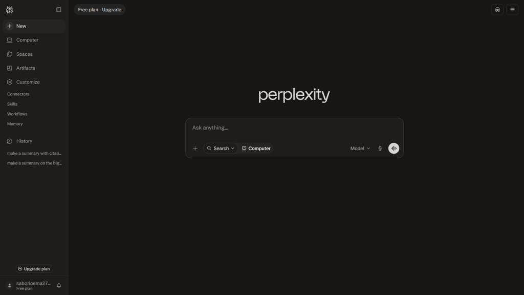 Perplexity AI dashboard showing the search box for starting a research query