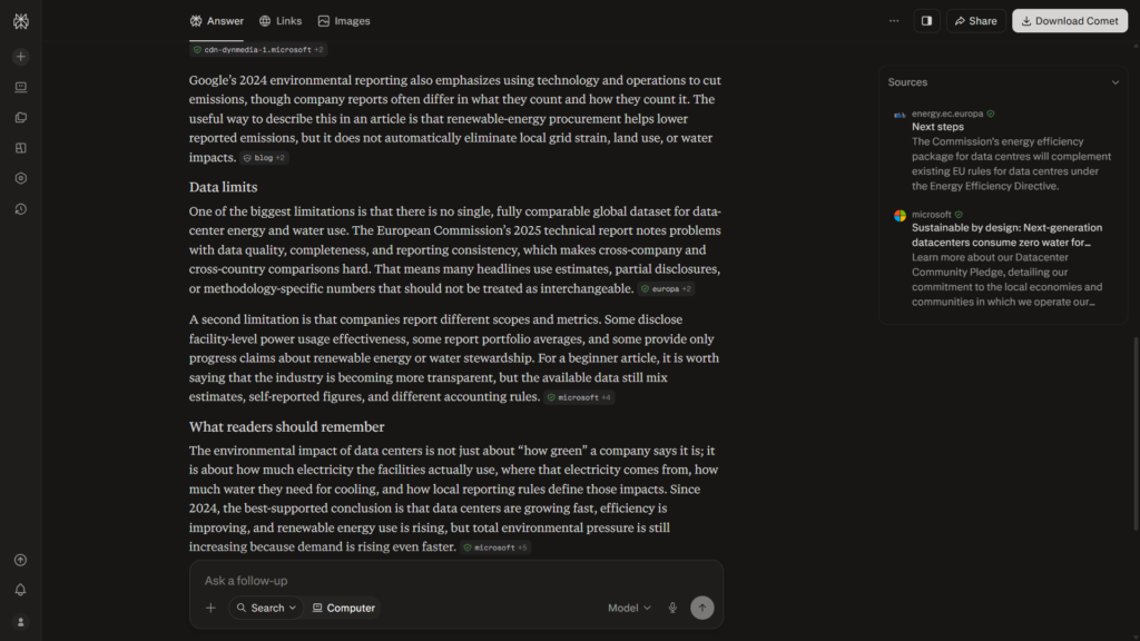 Perplexity AI research result showing cited sources below the generated answer