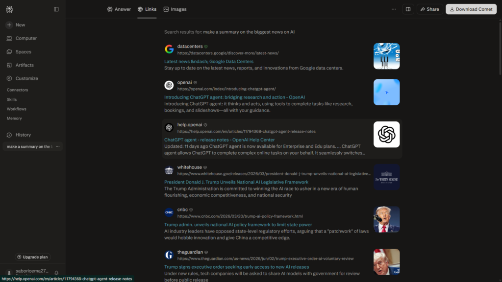 Perplexity sources tab showing links used for an AI news summary
