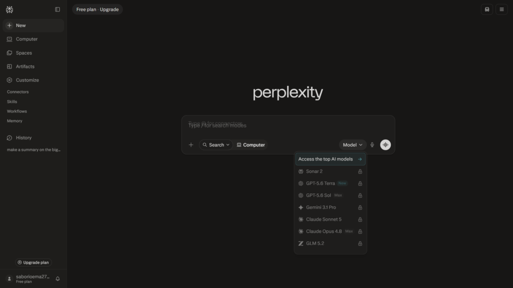Perplexity dashboard showing AI models locked on the free plan