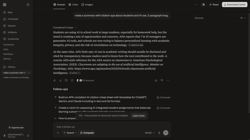 Perplexity research answer showing cited sources and links tab