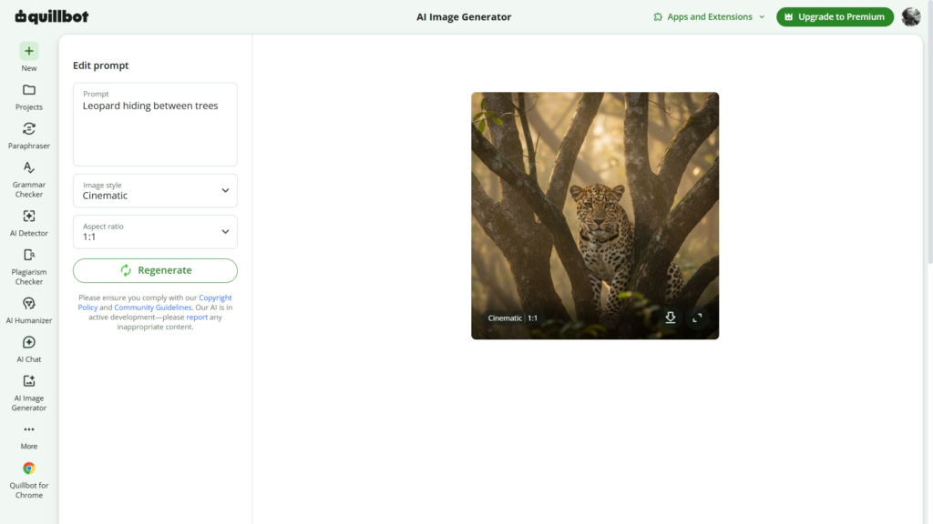 Realistic leopard hiding between trees generated with QuillBot AI