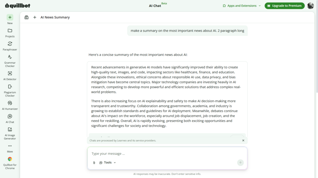 QuillBot AI response summarizing important AI news in two paragraphs