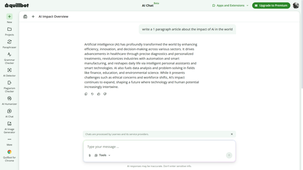 QuillBot AI writer test result