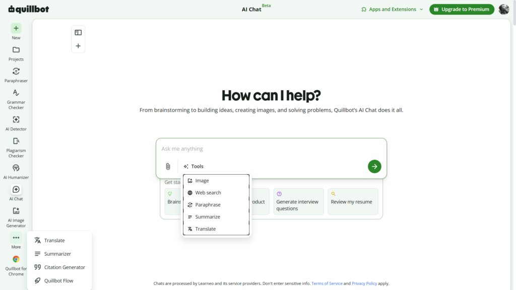 QuillBot dashboard showing AI writing tools for students